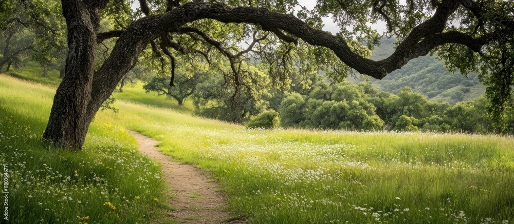 Obraz premium Serene path through a blooming meadow under a sprawling oak tree, leading to a verdant hillside.