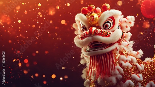 Majestic Lion Dance Costume: Festive Red and Gold Design photo