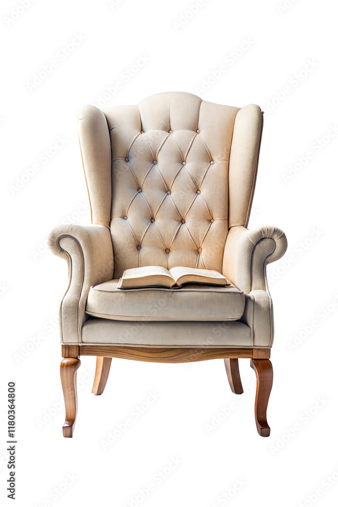 Elegant tufted armchair with an open book resting on the seat, isolated on a transparent background Elegant tufted armchair with an open book resting on the seat, isolated on a transparent background