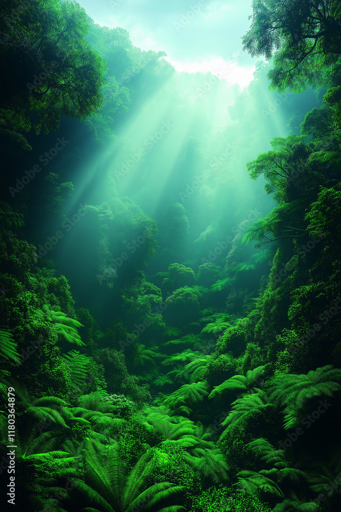 Fototapeta premium Photo réaliste d’une forêt tropicale luxuriante avec brume et feuillage vibrant