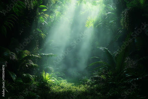 Photo réaliste d’une forêt tropicale luxuriante avec brume et feuillage vibrant