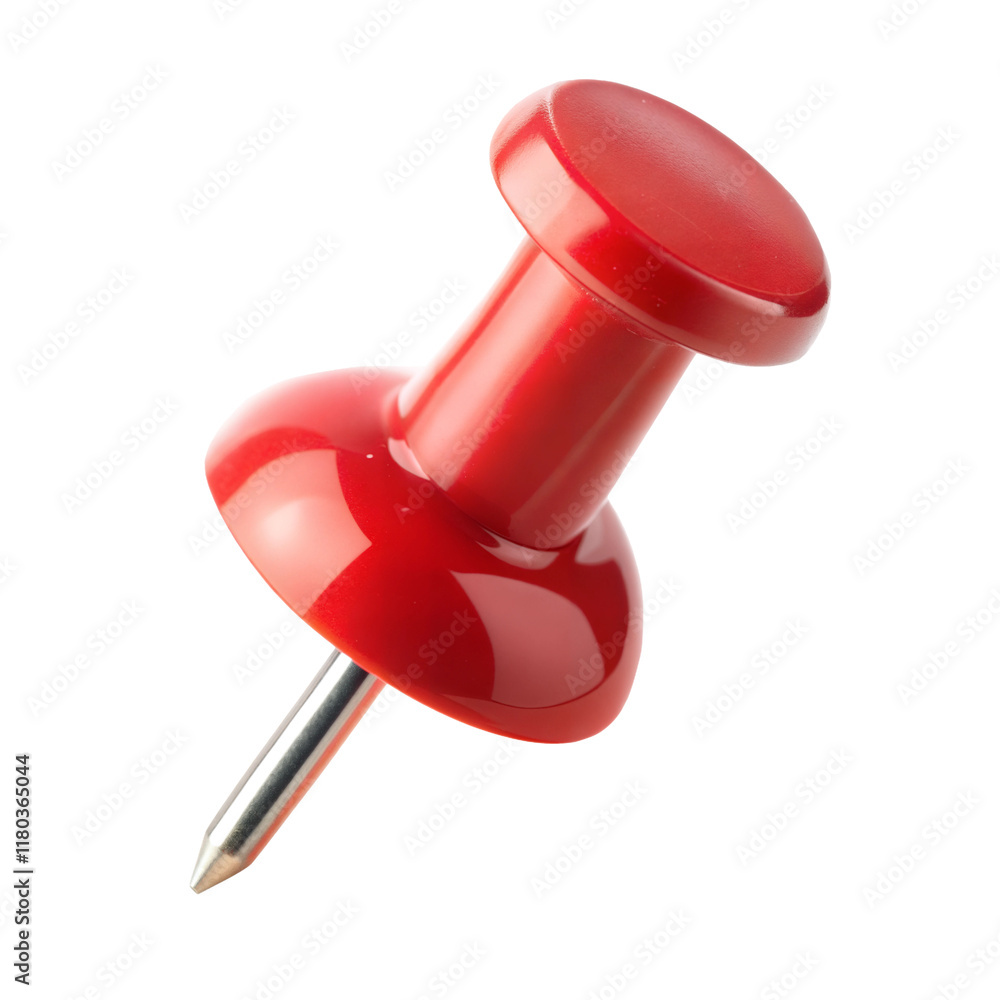 Red push pin standing upright on a white background with a transparent cutout for various design uses Red push pin standing upright on a white background with a transparent cutout for various design uses