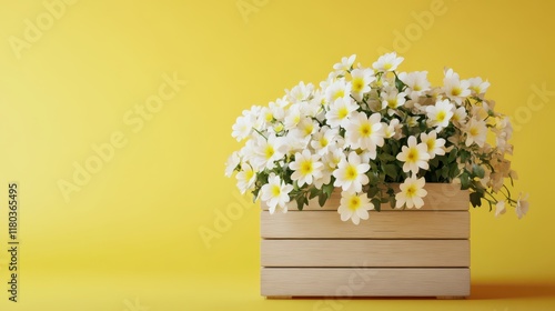 White flowers in wooden basket on yellow spring background 3D RenderingWhite flowers in wooden basket on yellow spring background 3D Rendering photo