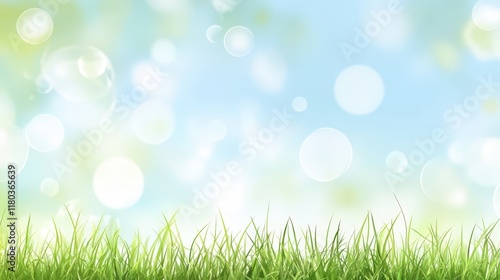 Beautiful sunny spring meadow with green grass and blue sky. Abstract background with light bokeh and space for text.