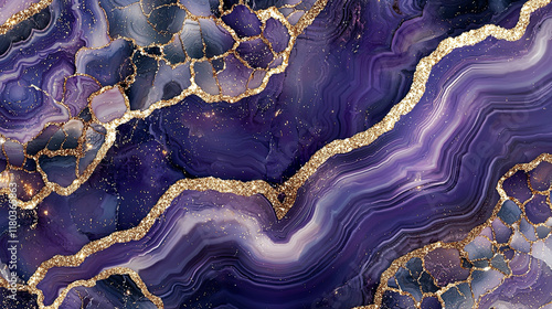 Deep purple agate stone texture with shimmering gold glitter accents, realistic geological formations, ultra-detailed swirling layers