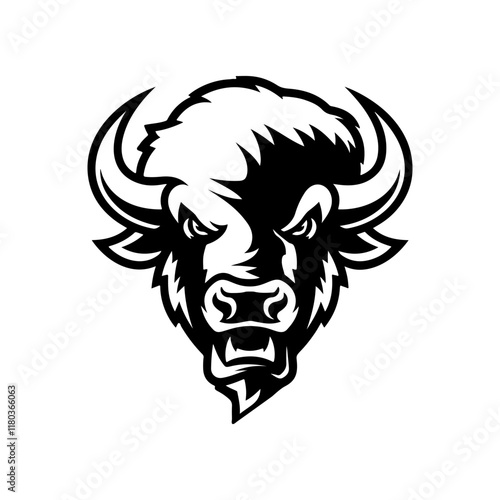 Illustration of bison head in monochrome style. Bison head in logo style. Design element for logo, emblem, sign, badge, poster. Vector illustration