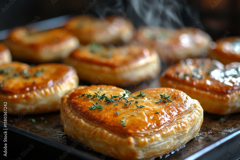 Deliciously baked heart shaped pies fresh out of the oven on a tray, featuring golden brown crusts and aromatic herbs Deliciously baked heart shaped pies fresh out of the oven on a tray, featuring golden brown crusts and aromatic herbs