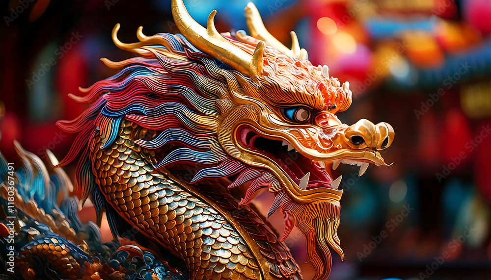 Close-up of a vibrant, intricately detailed dragon statue. Gold, red, and blue hues create a striking visual; perfect for cultural, mythological, or fantasy-themed projects. Close-up of a vibrant, intricately detailed dragon statue. Gold, red, and blue hues create a striking visual; perfect for cultural, mythological, or fantasy-themed projects.