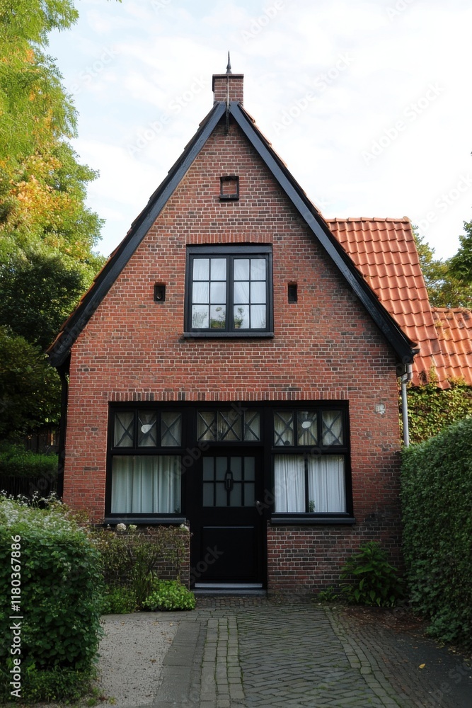 Charming red brick house with a steep roof nestled in a lush residential area during a sunny day in autumn, showcasing seasonal foliage and inviting pathway