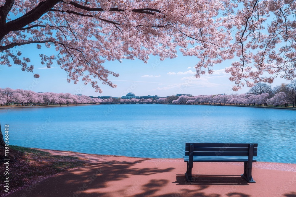 Bench overlooking Tidal Basin during Cherry Blossom Festival in Washington DC Bench overlooking Tidal Basin during Cherry Blossom Festival in Washington DC