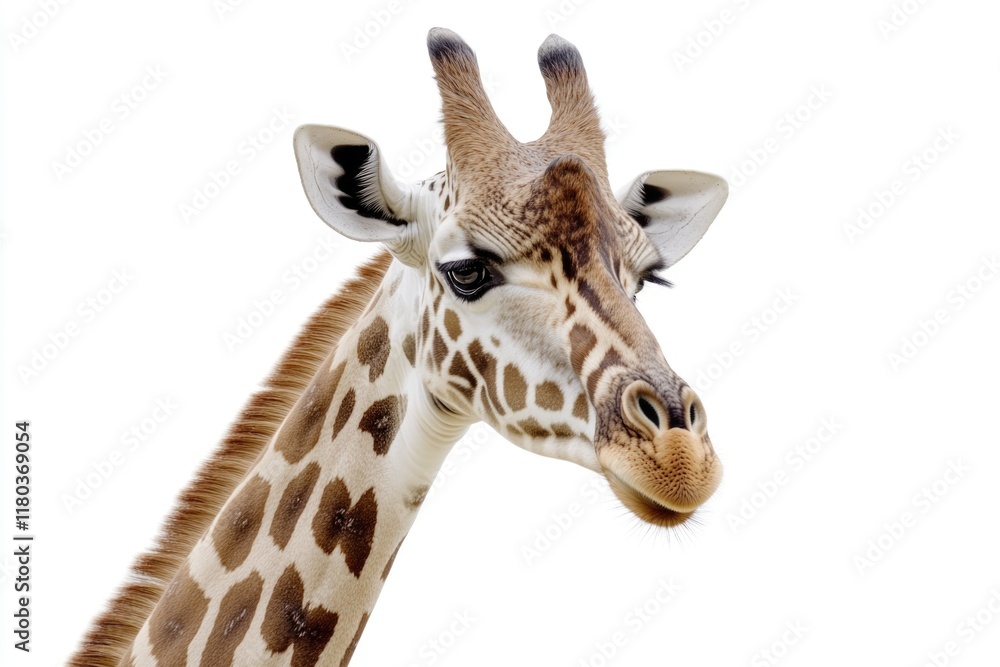 Fototapeta premium A close-up shot of a giraffe's face against a white background