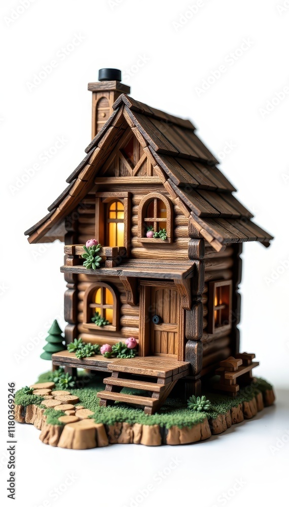 Small wooden house with intricate details isolated on white background with clipping path, small cottage, decoration Small wooden house with intricate details isolated on white background with clipping path, small cottage, decoration