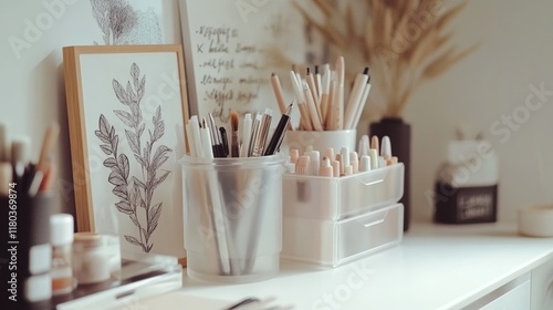 A neatly arranged art supplies station featuring sketchpads, pens, and brushes, ideal for inspiration or artistic creativity. photo