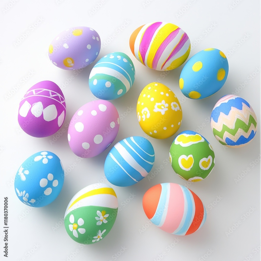 A collection of vibrant Easter eggs arranged on a white surface A collection of vibrant Easter eggs arranged on a white surface