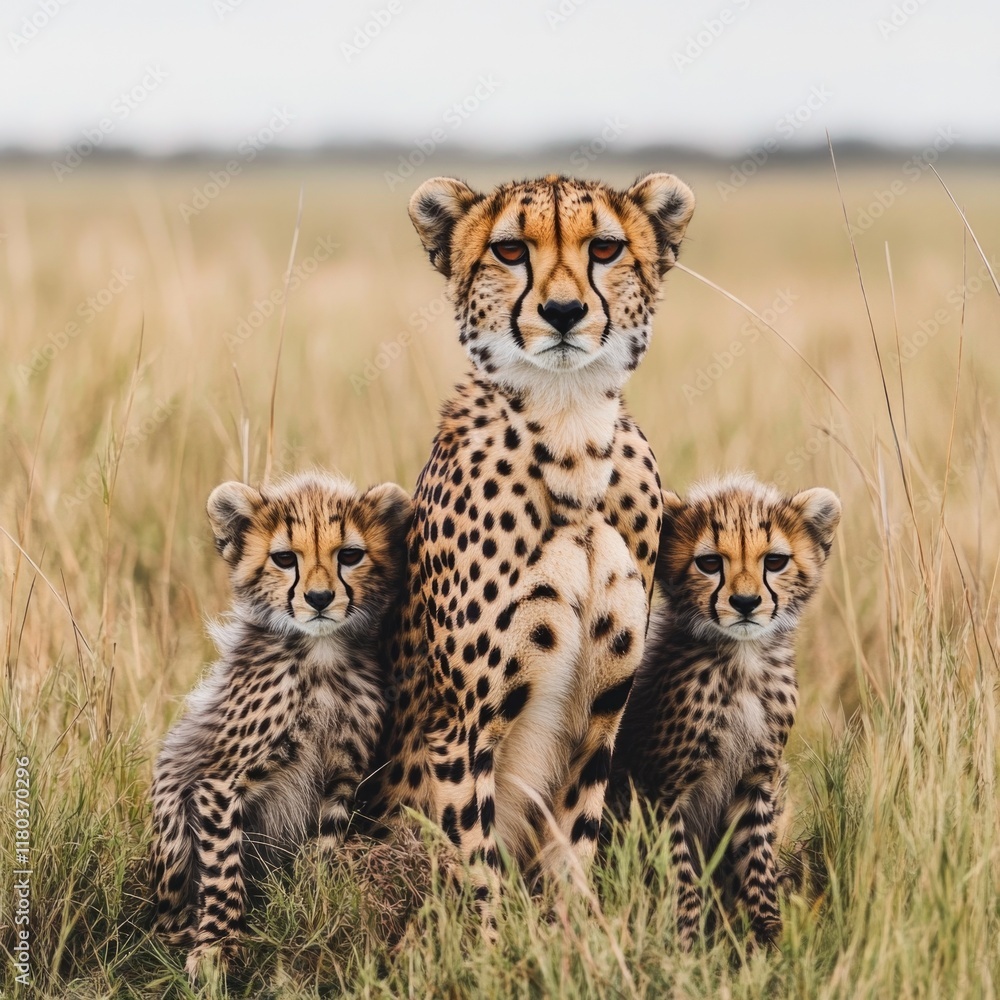 Obraz premium A mother cheetah with her two cubs in a grassy field, showcasing maternal instincts