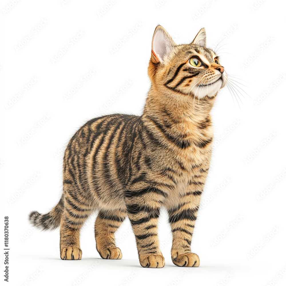 Obraz premium A curious domestic Bengal cat gazes upwards with striking stripes, showcasing its beautiful fur and playful nature.