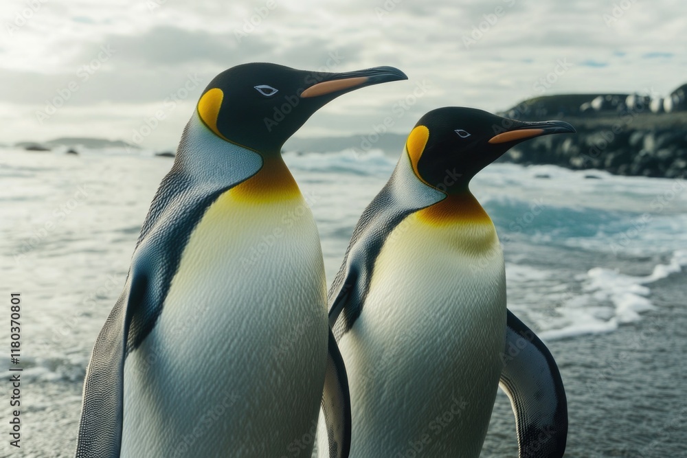 Obraz premium A pair of penguins standing side by side on a sandy beach, possibly enjoying the sunshine or waiting for their turn in the water
