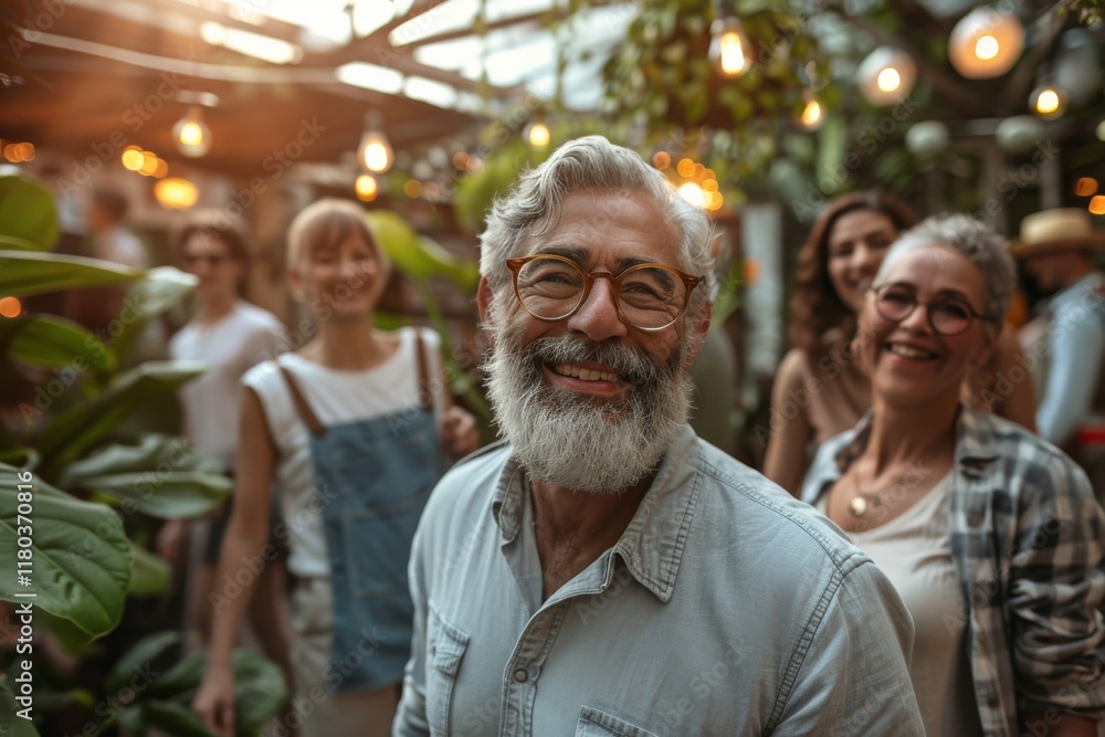 Happy senior man with his family in the background at a garden party Happy senior man with his family in the background at a garden party