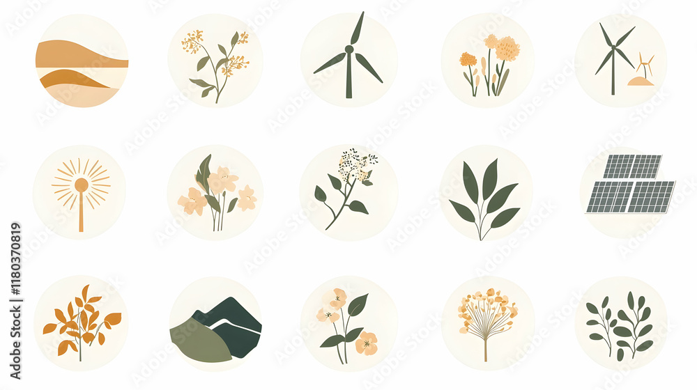 Abstract social media icons featuring nature, sustainability, and renewable energy. Abstract social media icons featuring nature, sustainability, and renewable energy.