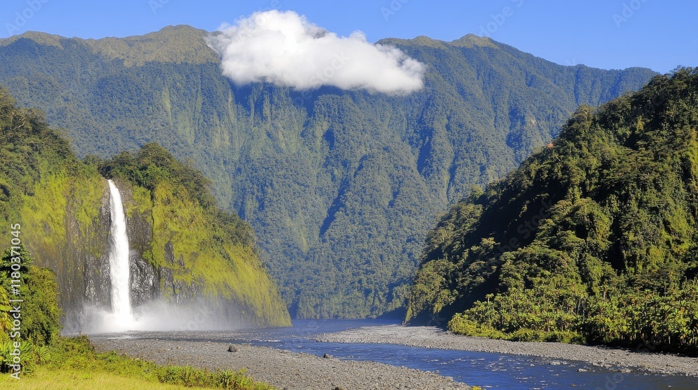 Waterfall cascading into valley, lush mountains. Possible stock photo use. Waterfall cascading into valley, lush mountains. Possible stock photo use.