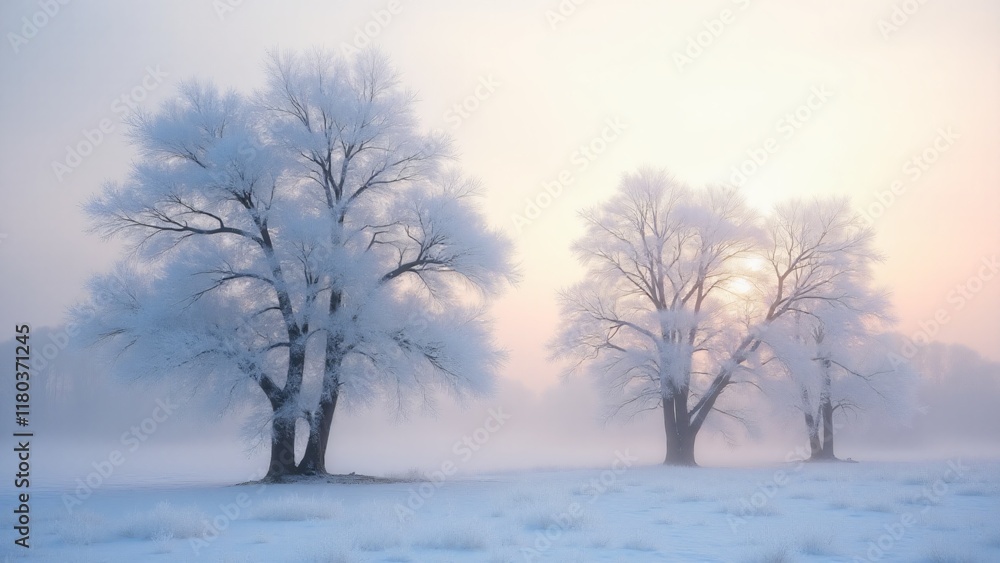 Frost-covered trees under soft dawn light. Intricate ice crystals sparkle on branches, contrasting with a snowy ground and pale sky. A serene, ethereal winter landscape unfolds. Frost-covered trees under soft dawn light. Intricate ice crystals sparkle on branches, contrasting with a snowy ground and pale sky. A serene, ethereal winter landscape unfolds.