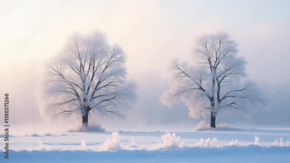 Frost-covered trees under soft dawn light. Intricate ice crystals sparkle on branches, contrasting with a snowy ground and pale sky. A serene, ethereal winter landscape unfolds. Frost-covered trees under soft dawn light. Intricate ice crystals sparkle on branches, contrasting with a snowy ground and pale sky. A serene, ethereal winter landscape unfolds.