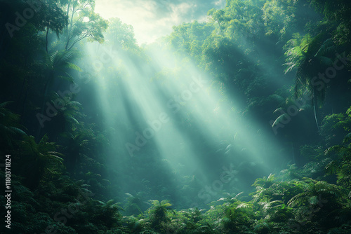 Photo réaliste d’une jungle tropicale brumeuse avec une atmosphère éthérée