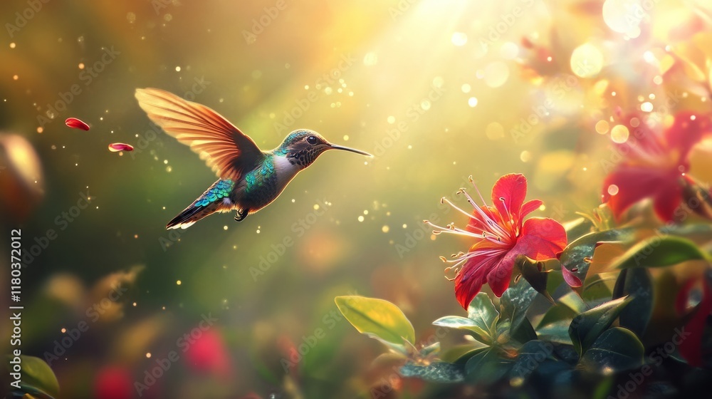 hummingbird hovering near a bright red flower in a lush garden, captured in mid-flight generative ai hummingbird hovering near a bright red flower in a lush garden, captured in mid-flight generative ai