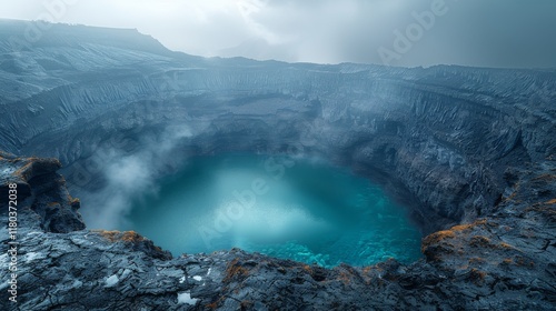 volcanic crater, its edges jagged and rocky photo