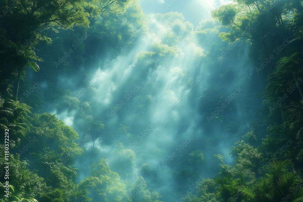 Fototapeta premium Photo réaliste d’une jungle tropicale brumeuse avec une atmosphère éthérée