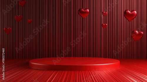 Red podium background for product, Symbols of love for women holiday, Valentine Day, 3D rendering.