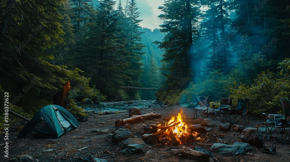 Cozy forest campfire retreat relaxing chairs, glowing firewood, and a perfect tent getaway Cozy forest campfire retreat relaxing chairs, glowing firewood, and a perfect tent getaway