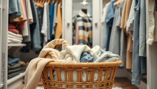 A basket of dirty laundry in the dressing room, shelves with clothes photo