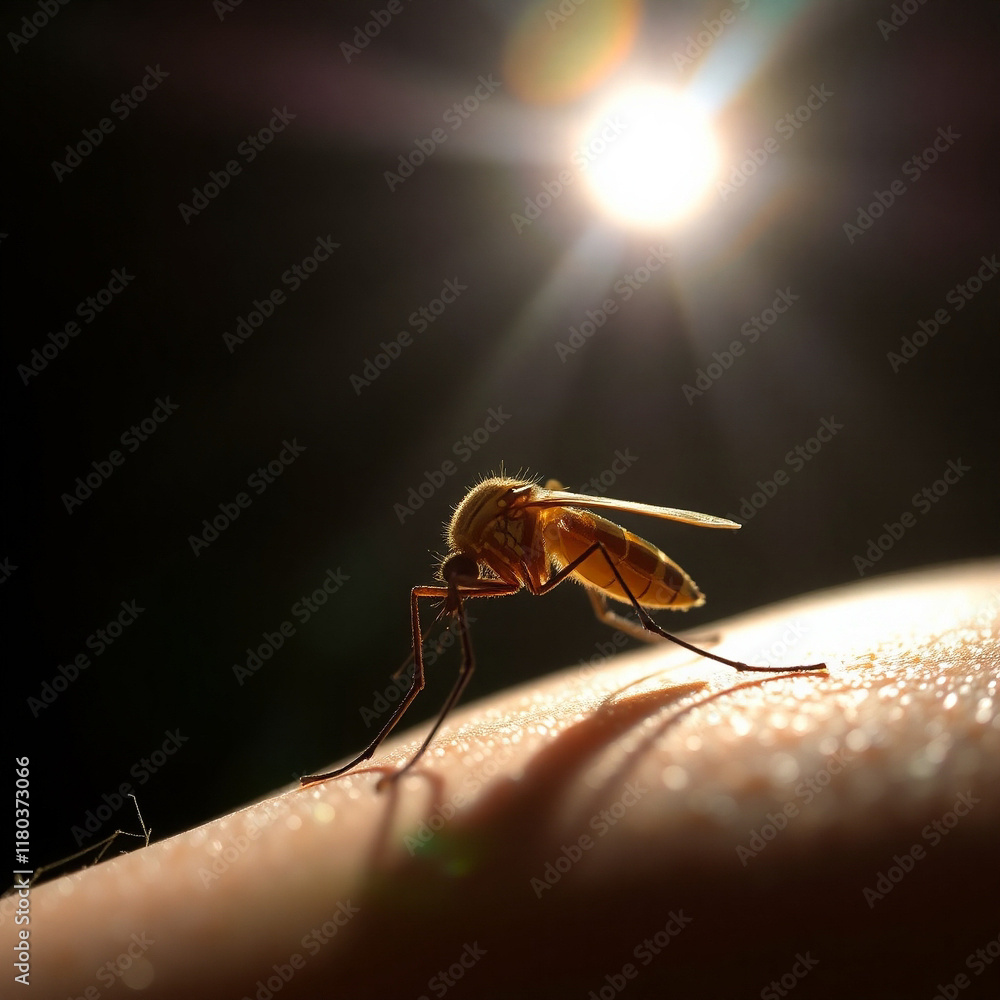 Mosquito on skin, backlit by sun. Close-up macro photography showcasing detail and contrast. Mosquito on skin, backlit by sun. Close-up macro photography showcasing detail and contrast.