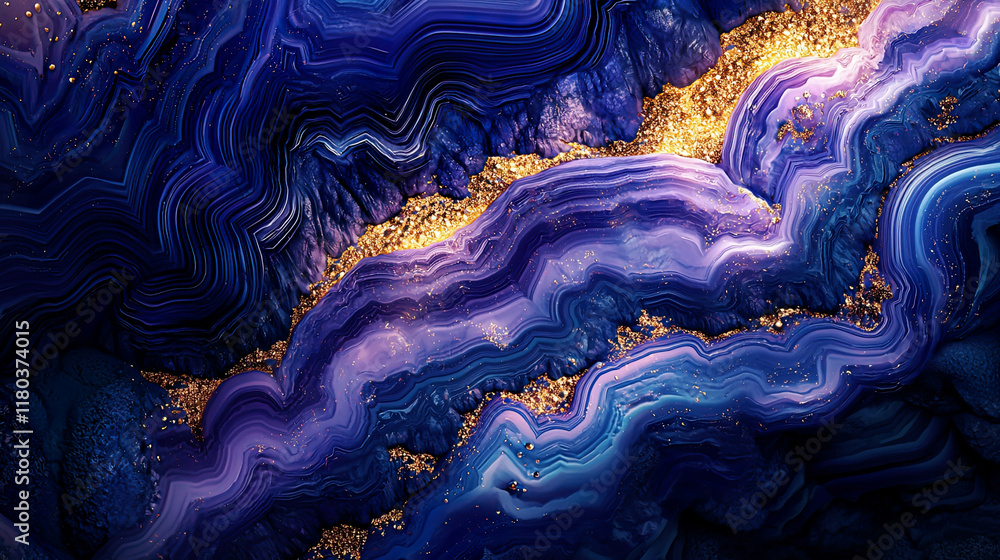 Abstract agate formations in vibrant blue and violet, with soft gold highlights and swirling, organic shapes Abstract agate formations in vibrant blue and violet, with soft gold highlights and swirling, organic shapes
