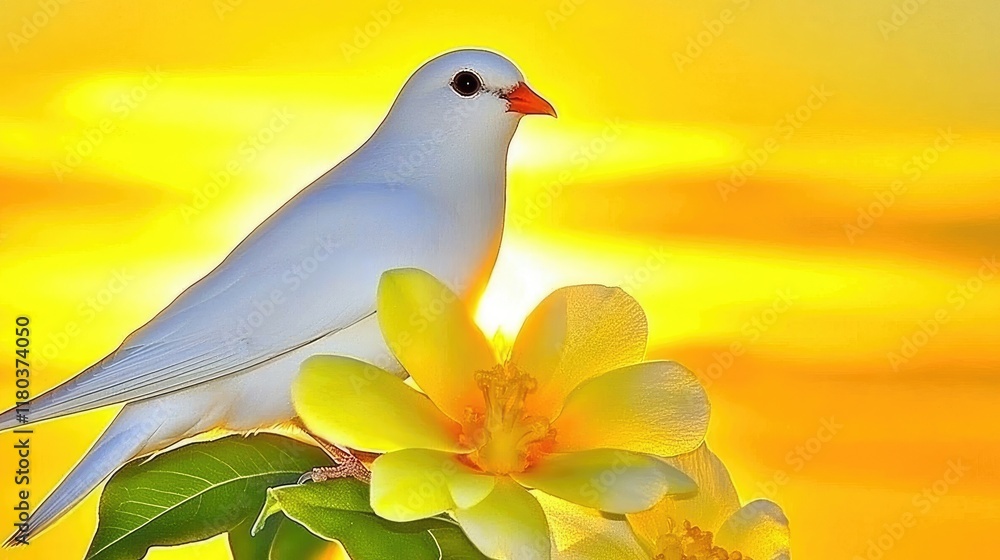 White bird perched on yellow flowers at sunset. White bird perched on yellow flowers at sunset.