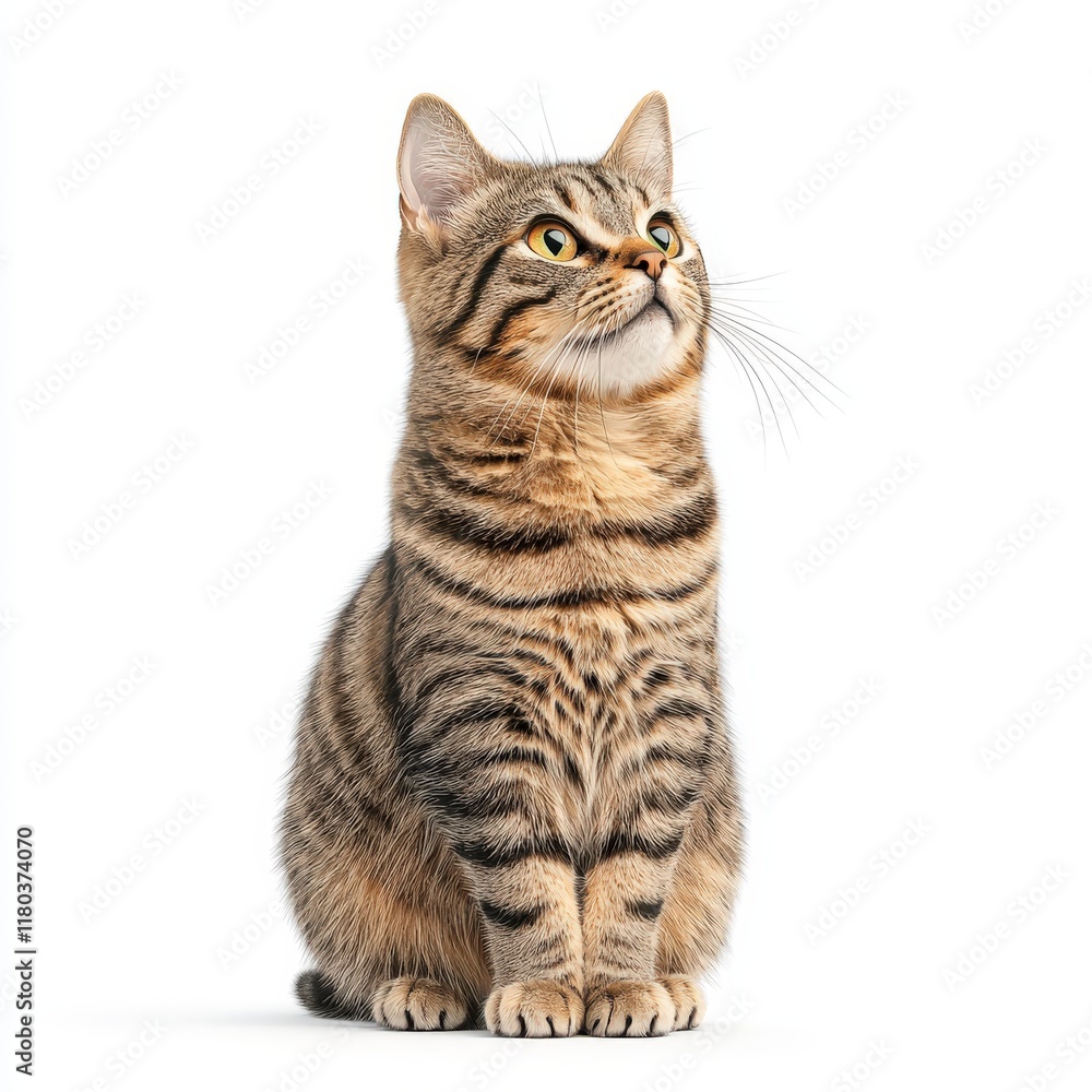 Fototapeta premium A curious tabby Arabian Mau cat gazes upward, showcasing its playful personality and beautiful fur pattern against a clean background.