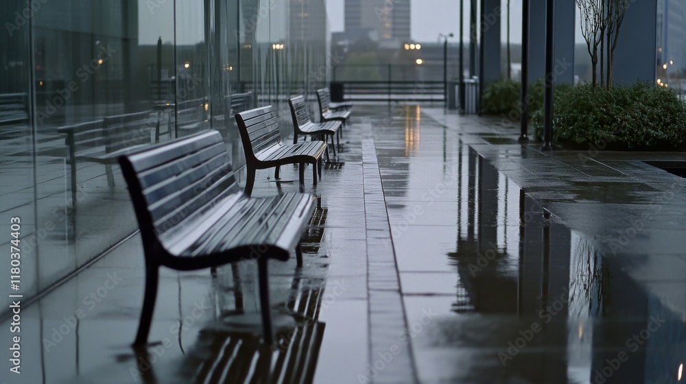 Reflective puddles capture the stillness of rain-soaked benches, evoking serene and contemplative urban solitude. Reflective puddles capture the stillness of rain-soaked benches, evoking serene and contemplative urban solitude.