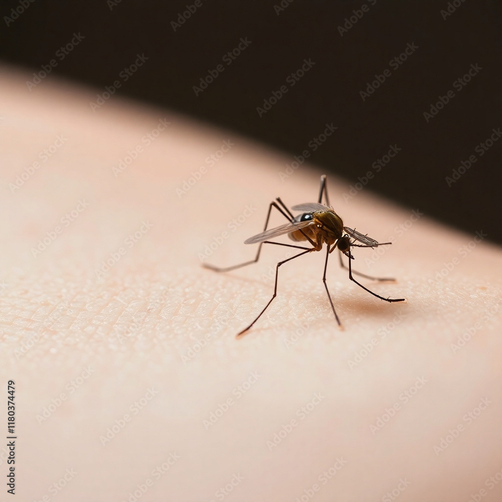 Close-up of a mosquito on skin, feeding. A detailed view of the insect's legs and proboscis. Close-up of a mosquito on skin, feeding. A detailed view of the insect's legs and proboscis.