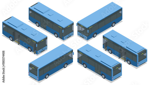 Blue city buses. Isometric vector illustration of blue city buses. Focused on public commuting, urban transportation, and transit network visuals