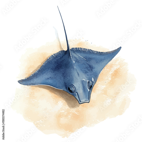 A watercolor illustration of a stingray gliding over ocean sand, isolated on a white background. Stingray vector.
