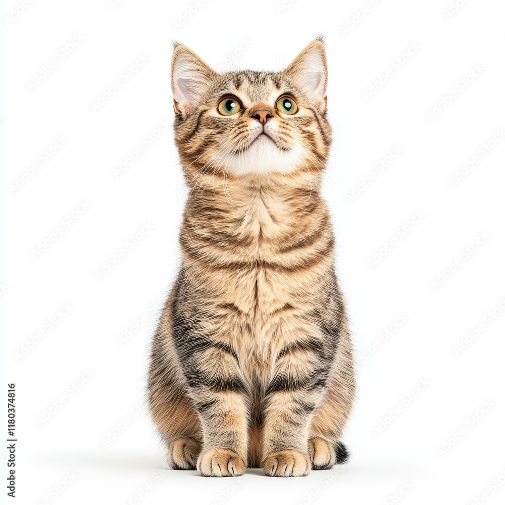 A curious tabby Wirehair cat looking upwards, capturing the essence of feline charm and curiosity in a bright, minimal setting. A curious tabby Wirehair cat looking upwards, capturing the essence of feline charm and curiosity in a bright, minimal setting.