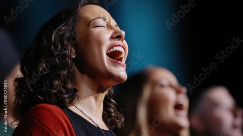 People sing passionately together at a vibrant event, their expressions full of intensity and emotion, reflecting unity and shared fervor.