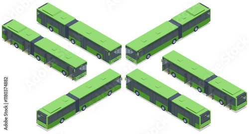 Green articulated city buses. Isometric vector illustration of green articulated city buses. Ideal for urban transportation, environmental concepts, and public transit systems