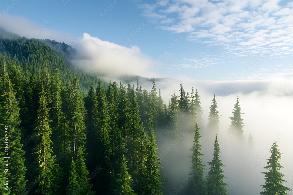 Lush green forest enveloped in mist under a clear blue sky. Lush green forest enveloped in mist under a clear blue sky.