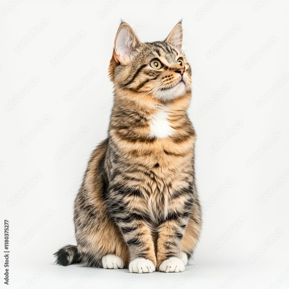 Obraz premium A curious tabby German Rex cat sitting gracefully with an alert expression against a simple background, perfect for pet lovers.