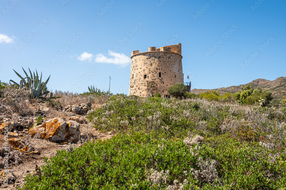 The Canai Tower in the wild landscape of the island of Sant'Antioco The Canai Tower in the wild landscape of the island of Sant'Antioco