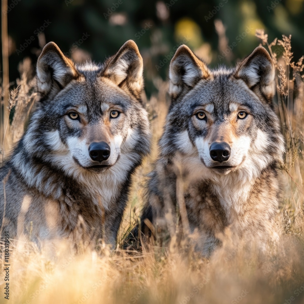 Fototapeta premium Two gray wolves sit in a field of tall grass, nature scene