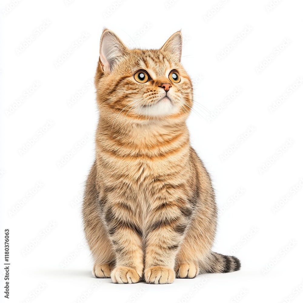 A curious tabby Cymric cat looking up with wide eyes, exuding cuteness and charm in a clean, white background. A curious tabby Cymric cat looking up with wide eyes, exuding cuteness and charm in a clean, white background.