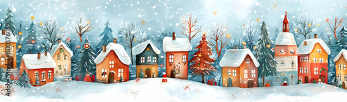 Cozy Christmas village painted in a watercolor style with textured knitted patterns AI Generated
